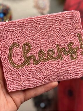 CHEERS! Pink Beaded Zip Pouch with Gold Script